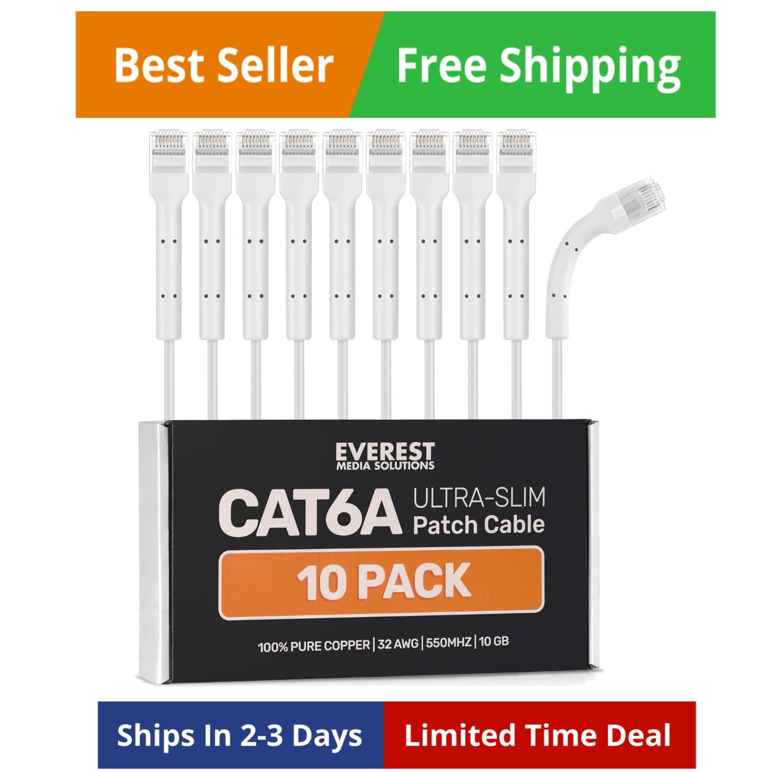 Everest Ultra Slim Cat6a Ethernet Patch Cables 2ft 10-Pack White - 10GB Cat 6...