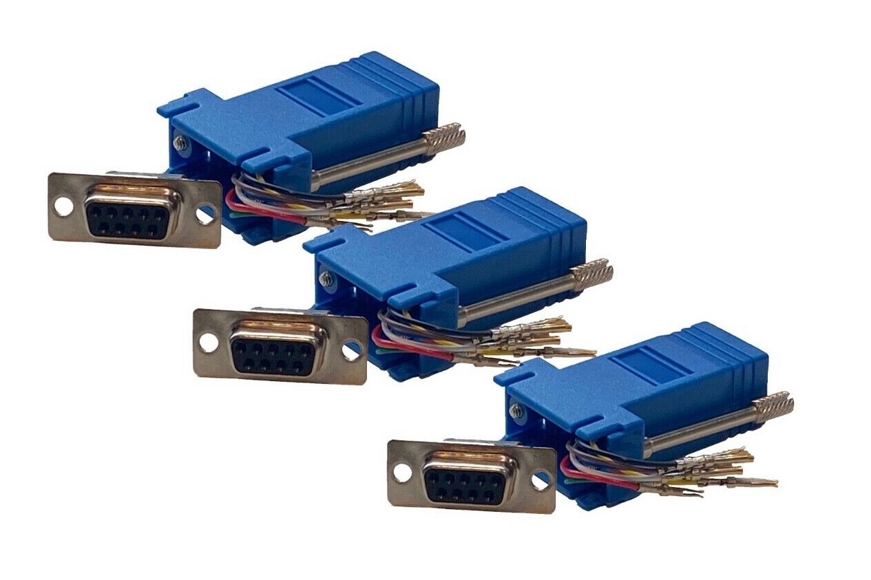 3-Pack Blue Female DB9 9 Pin to RJ45 8 conductor Crimp Modular Adapter Connector