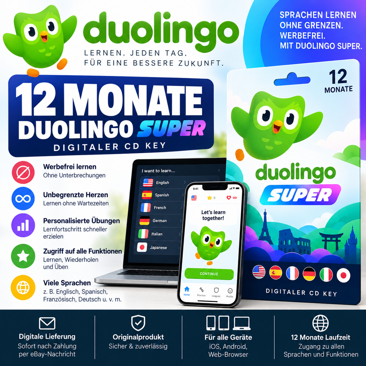 Duolingo Super | 12 Month / 1 Year | Premium Subscription | Digital Code / Key