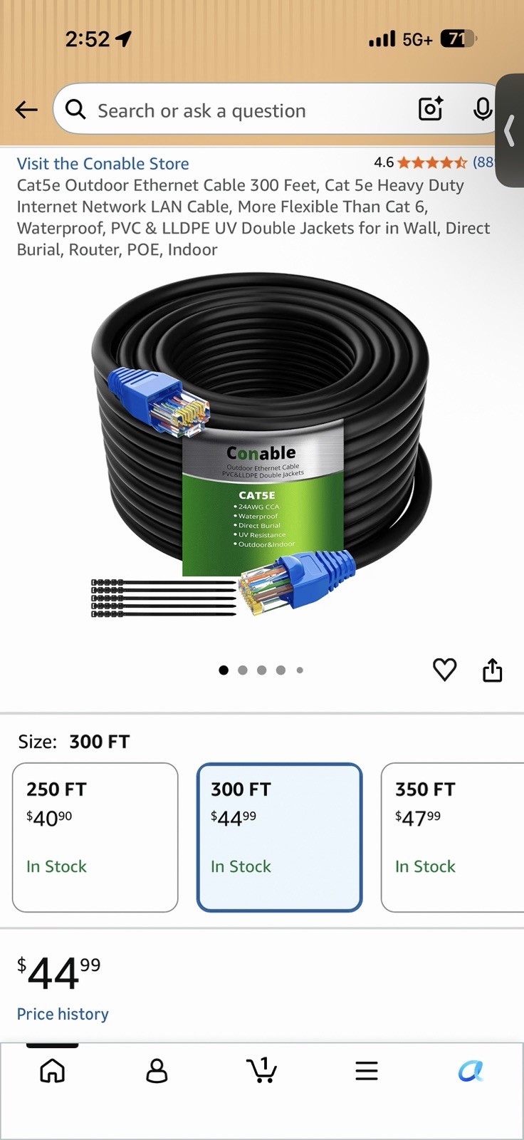 Cat5e OUTDOOR ETHERNET CABLE 300 Ft Heavy Duty with ties