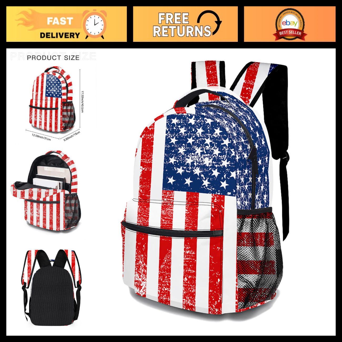 US Flag Backpack - Lightweight Durable 17" Daypack, Multi-Pocket Travel Bag