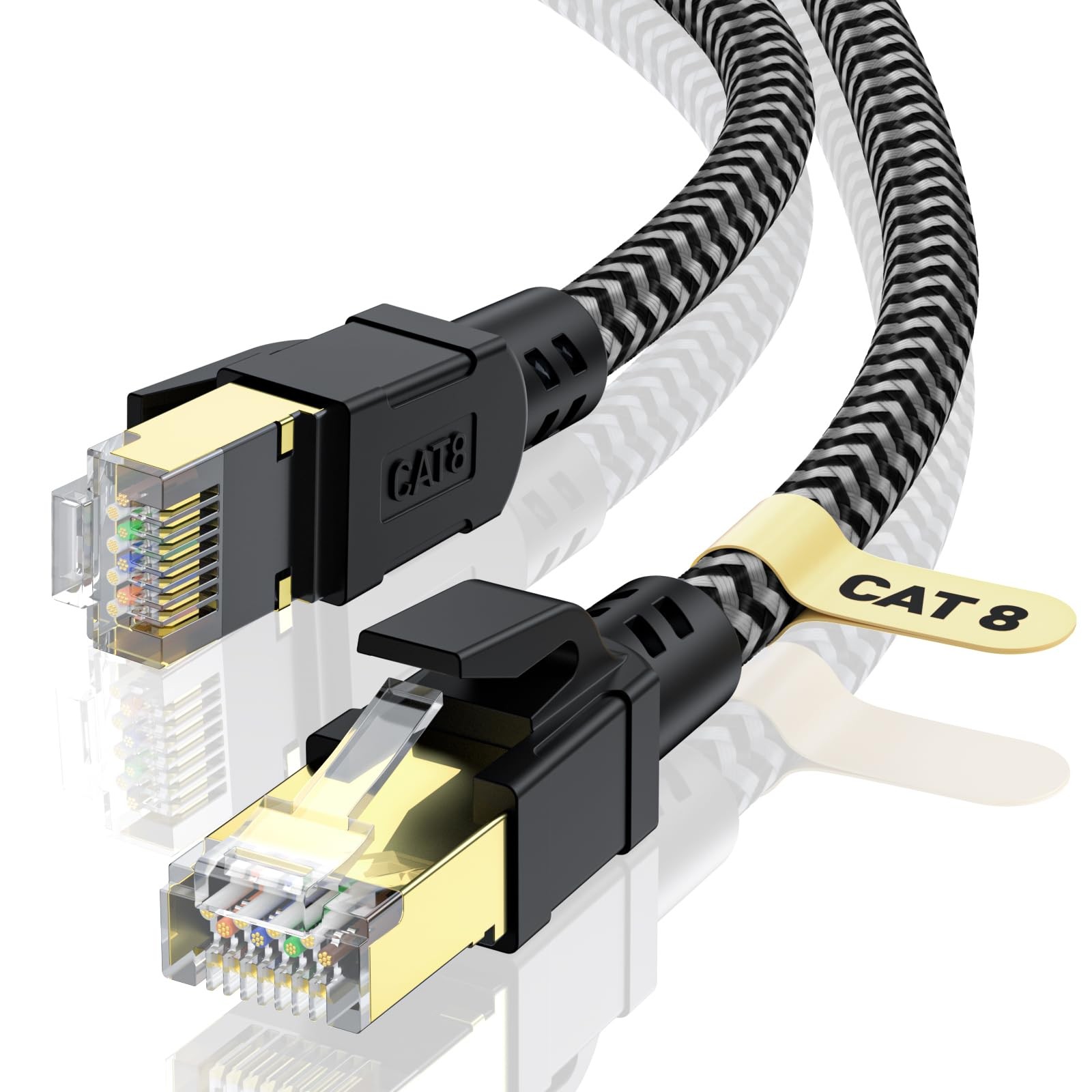 50FT Cat 8 Ethernet Cable High Speed Braided Internet LAN Cord 40Gbps 2000Mhz