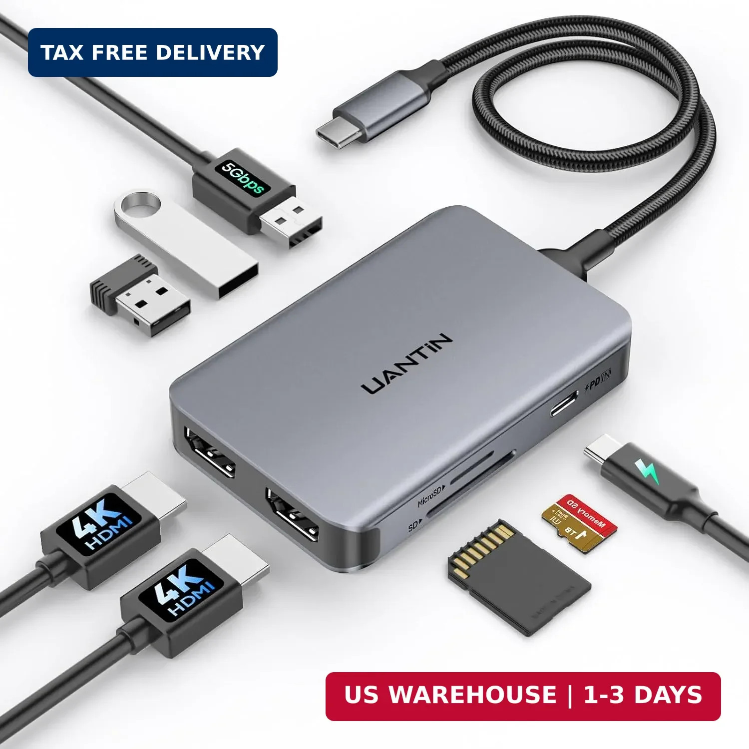 UANTIN Laptop Docking Station Dual Monitor (0.98FT), 8-in-1 Dual HDMI Hub