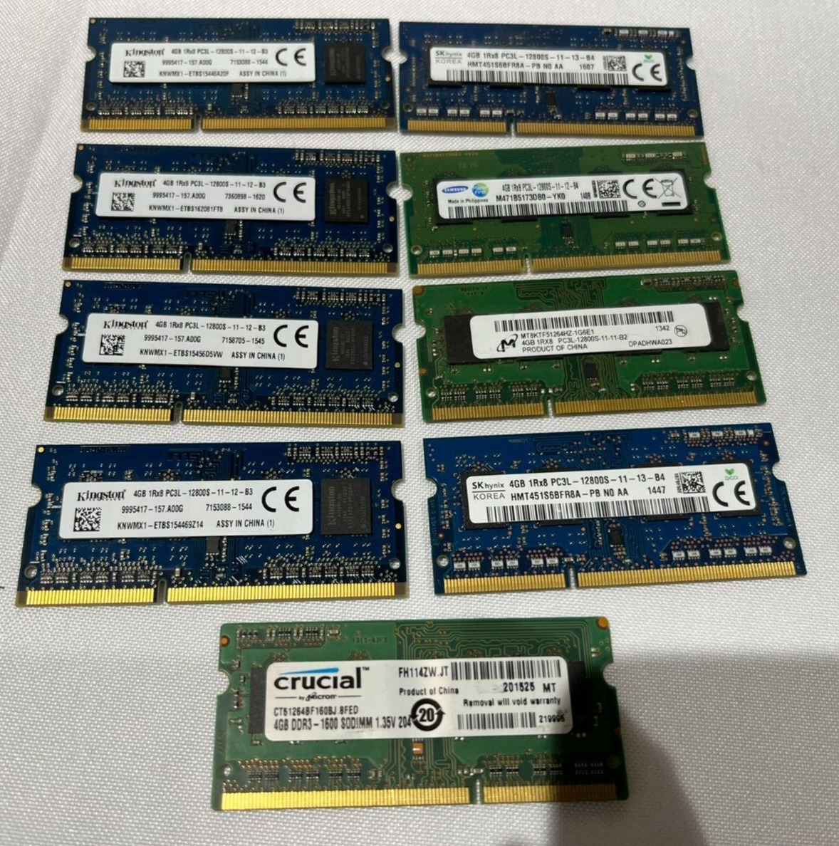 Lot of 9 Mixed Brands/Speeds 4GB PC3-12800/16000 DDR3L Laptop Memory