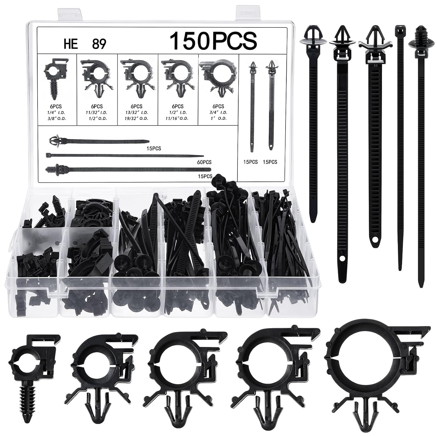 150 Pcs Wire Loom Routing Clips, 15 Sizes Push Mount for Car