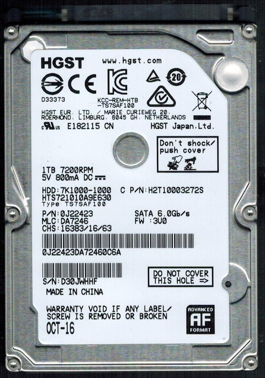 HTS721010A9E630 P/N: 0J22423 MLC: DA7246 CHINA OCT 2016 HGST 1TB