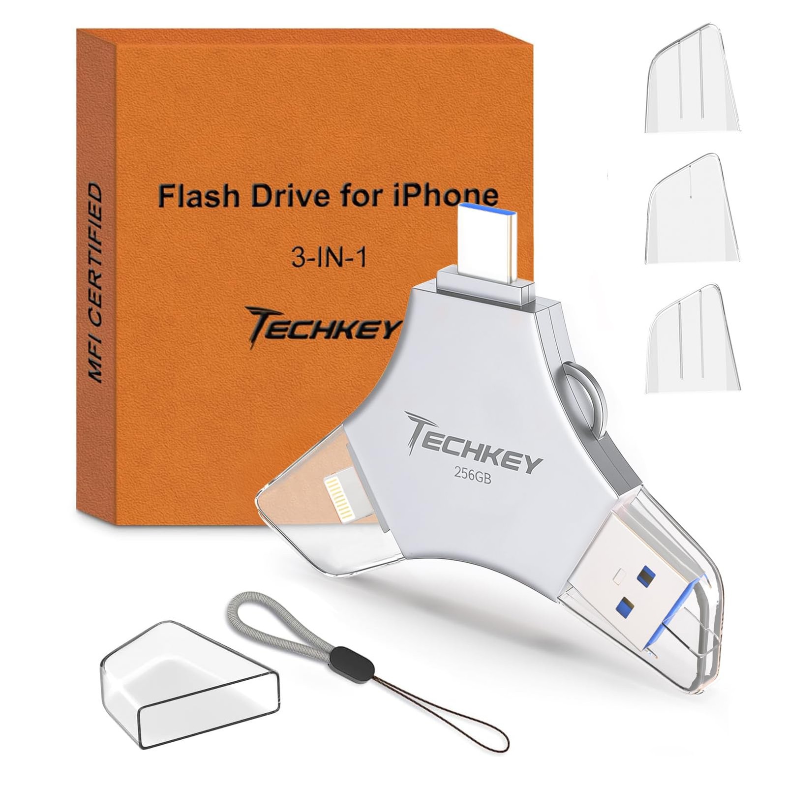 256GB USB Flash Drive for iPhone iPad Android PC MFi Certified 3-in-1 Silver