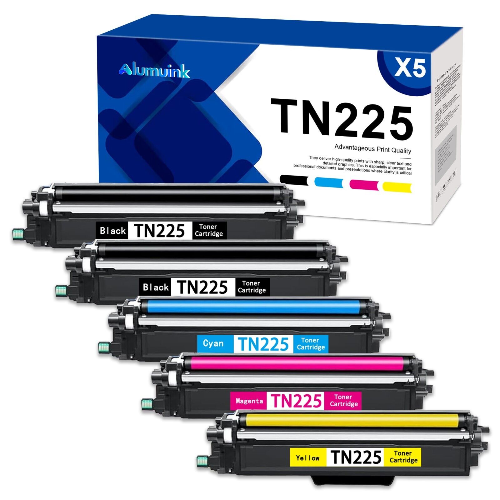 High Yield TN225 Toner Replacement for Brother DCP-9020CDN (2BK/C/M/Y, 5 Pack)