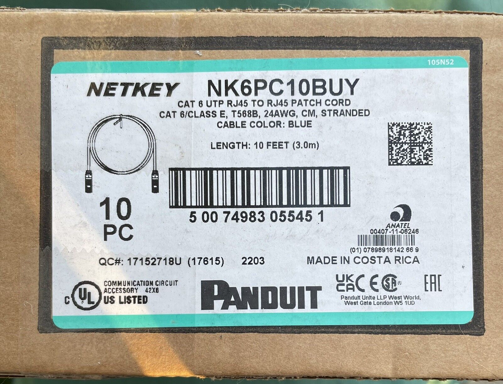 NIB  10x Panduit NK6PC10BUY Cat6 10ft Ethernet Cable UTP RJ45 Class E Lan Blue