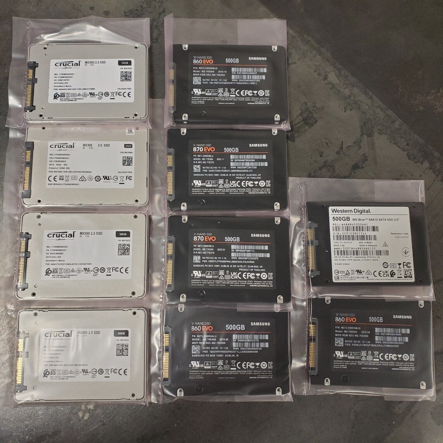Lot of 10 500GB SATA SSD Solid State Drives Samsung Crucial WD