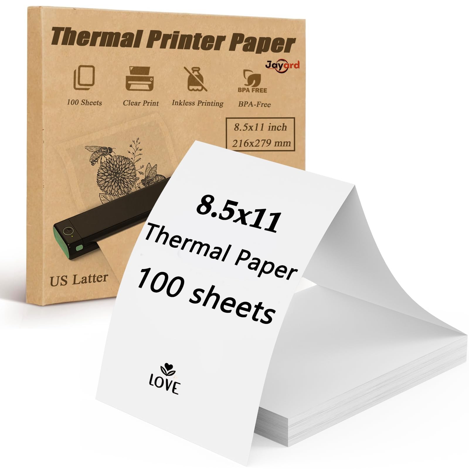 8.5 x 11 Thermal Printer Paper, 100 Sheets, US Letter Size, Compatible with JADE