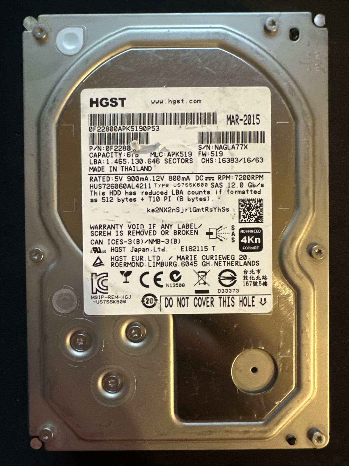 HGST Ultrastar 7K6000 6TB SAS 4Kn 4096 Sector HUS726060AL4211 - 38 Hours