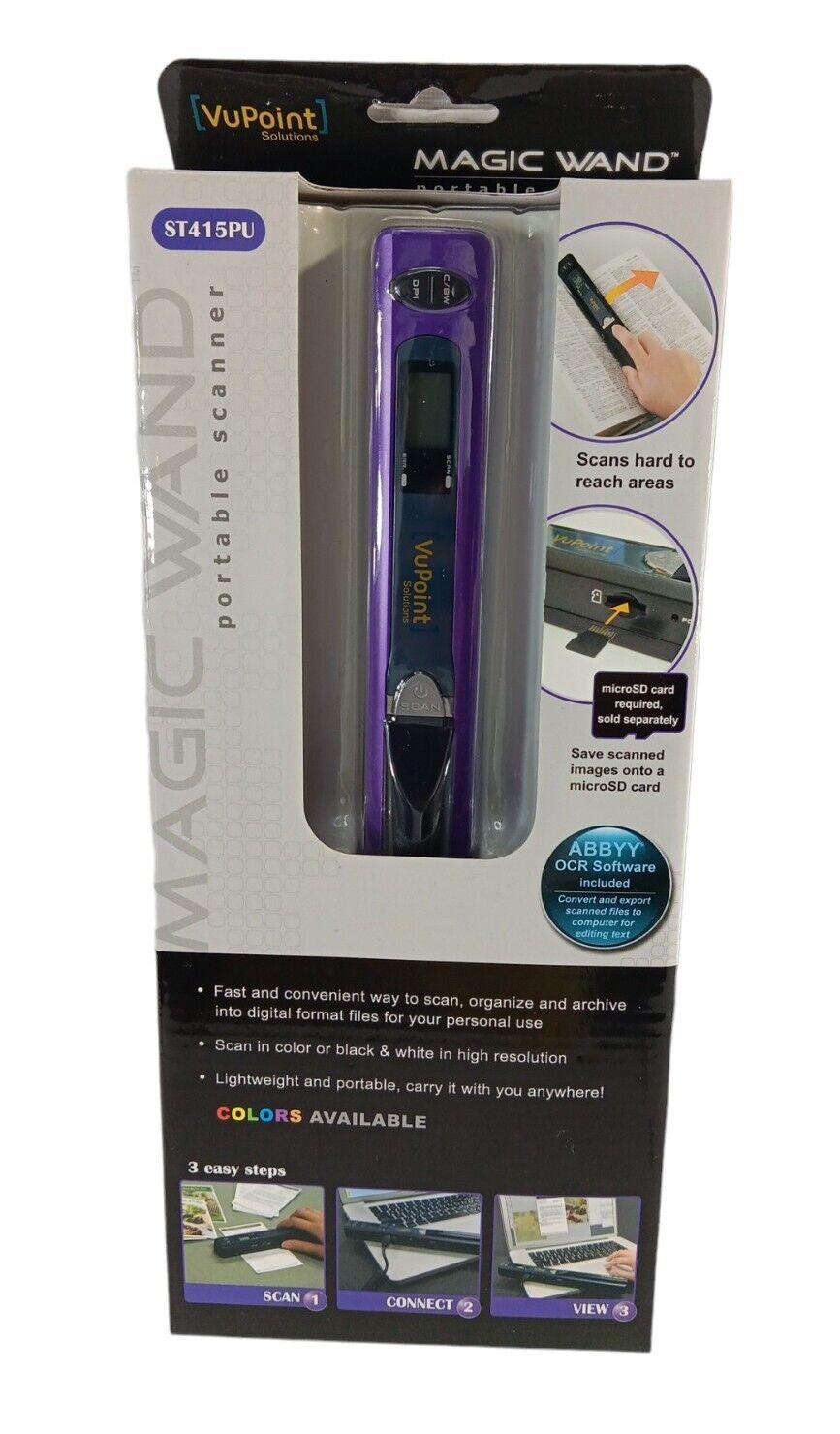 VuPoint Magic Wand Handheld Scanner Purple Portable PDS-ST415PU-VP Micro-SD