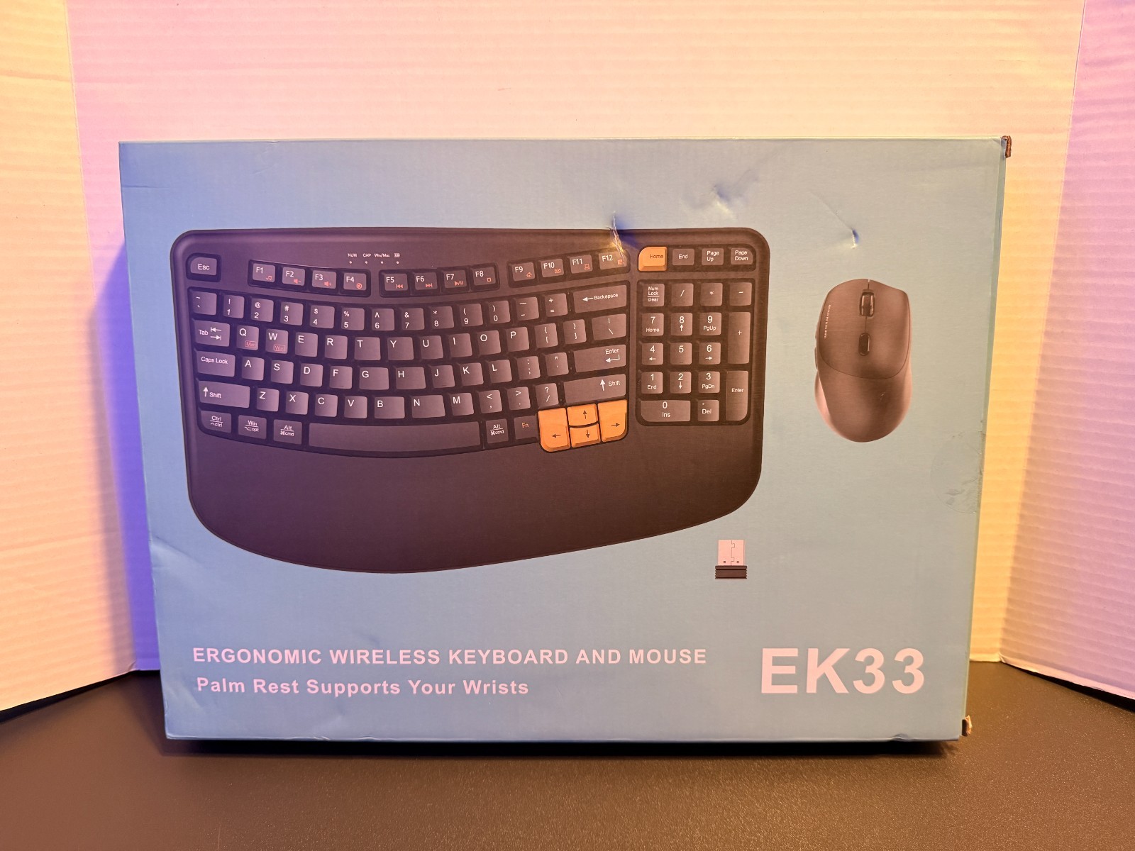 NEW EK33 Wireless Ergonomic Keyboard Mouse Combo 2.4G USB Wave w/ Palm Rest