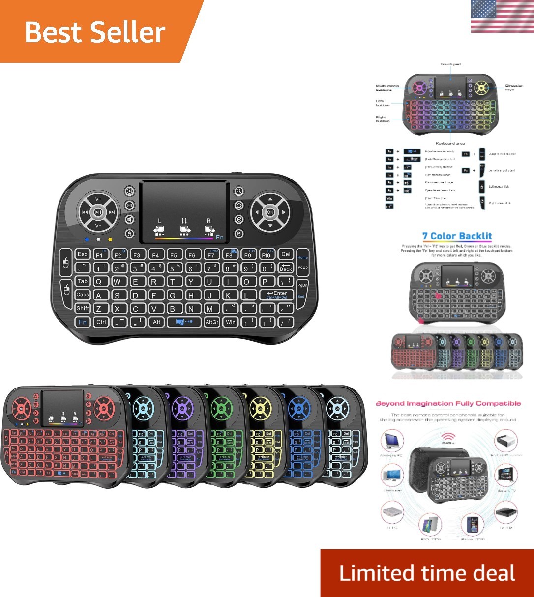 Mini Wireless Keyboard with Touchpad Mouse Combo, 7 Colors RGB Backlit, Porta...