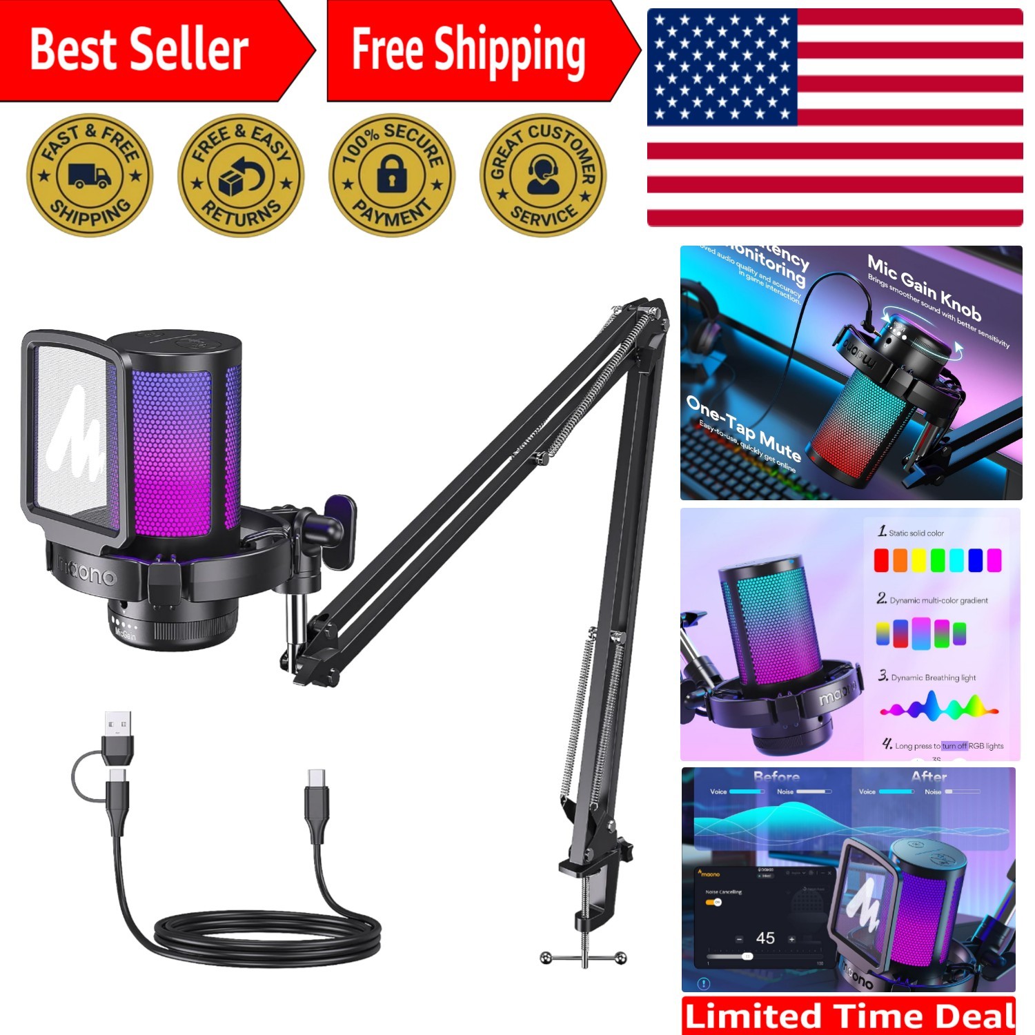 Professional USB Gaming Microphone with Adjustable Boom Arm and RGB Features