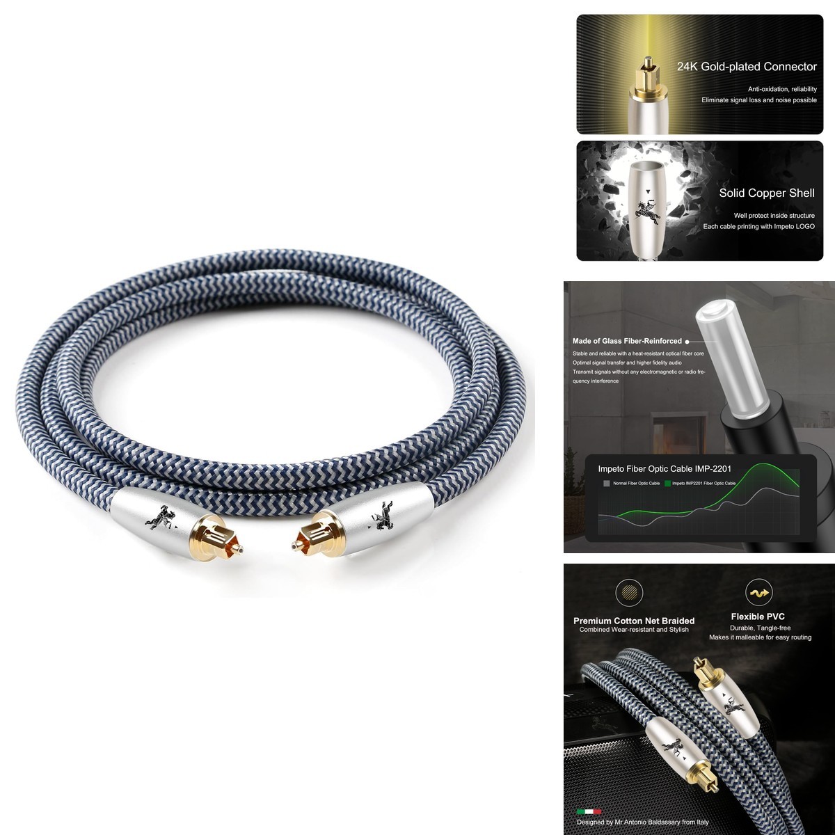 Impeto Premium Fiber Optic Audio Cable 6.5ft (2m) Toslink S/PDIF 24K
