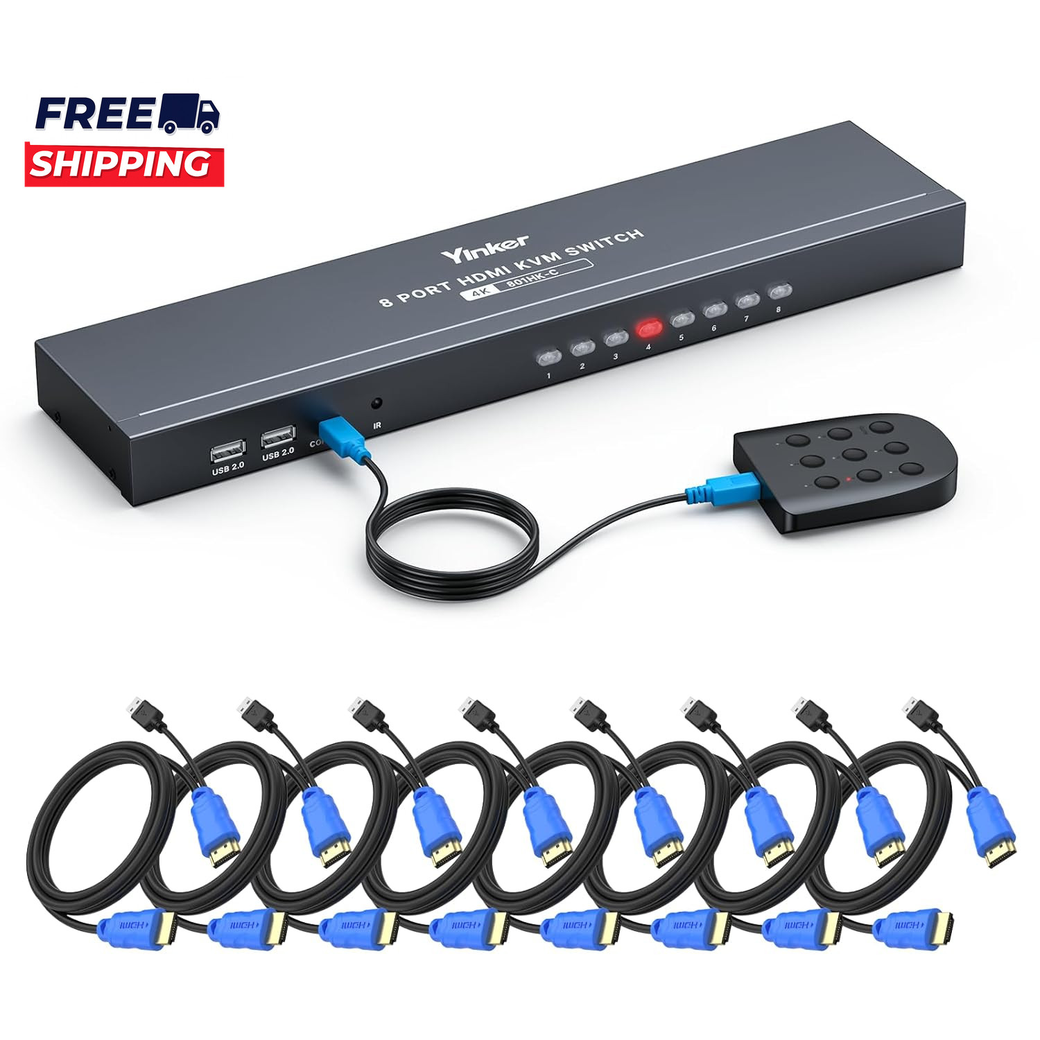 KVM Switch HDMI 8 Port  4K 30Hz USB HDMI Rack KVM Console 8 in 1 Out W/9Pack