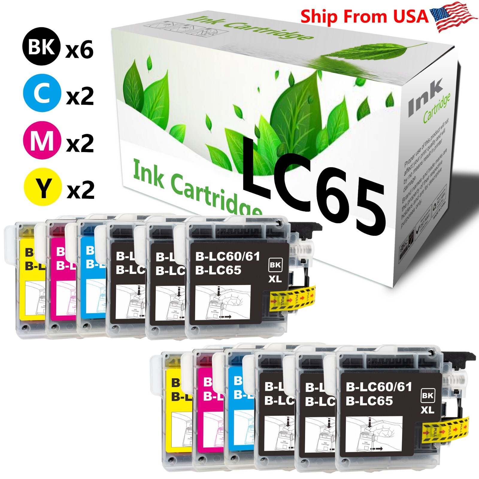 (12-Pack,6B2C2M2Y) LC65 Ink Cartridge LC-65 work with MFC-5890CN Printers