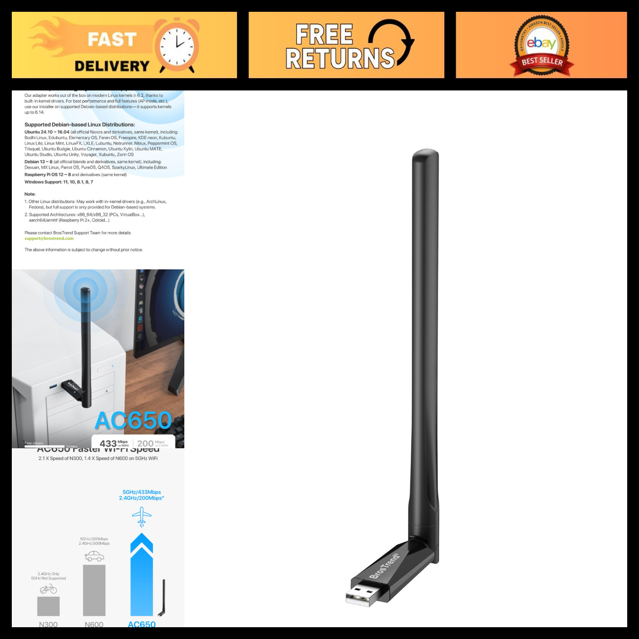 High-Speed 650Mbps WiFi Adapter for Linux, Ubuntu & Raspberry Pi - USB Network D