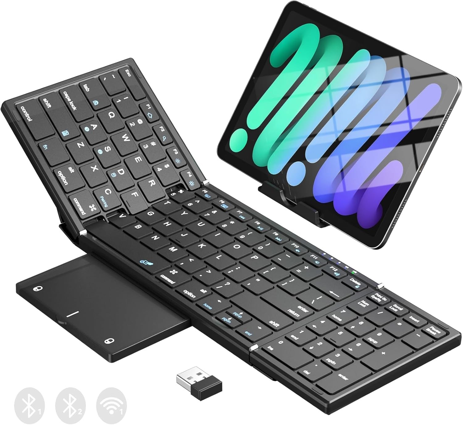 Foldable Bluetooth Keyboard with Touchpad & Number Pad, 3 Devices (2.4G+BTx2)Fol