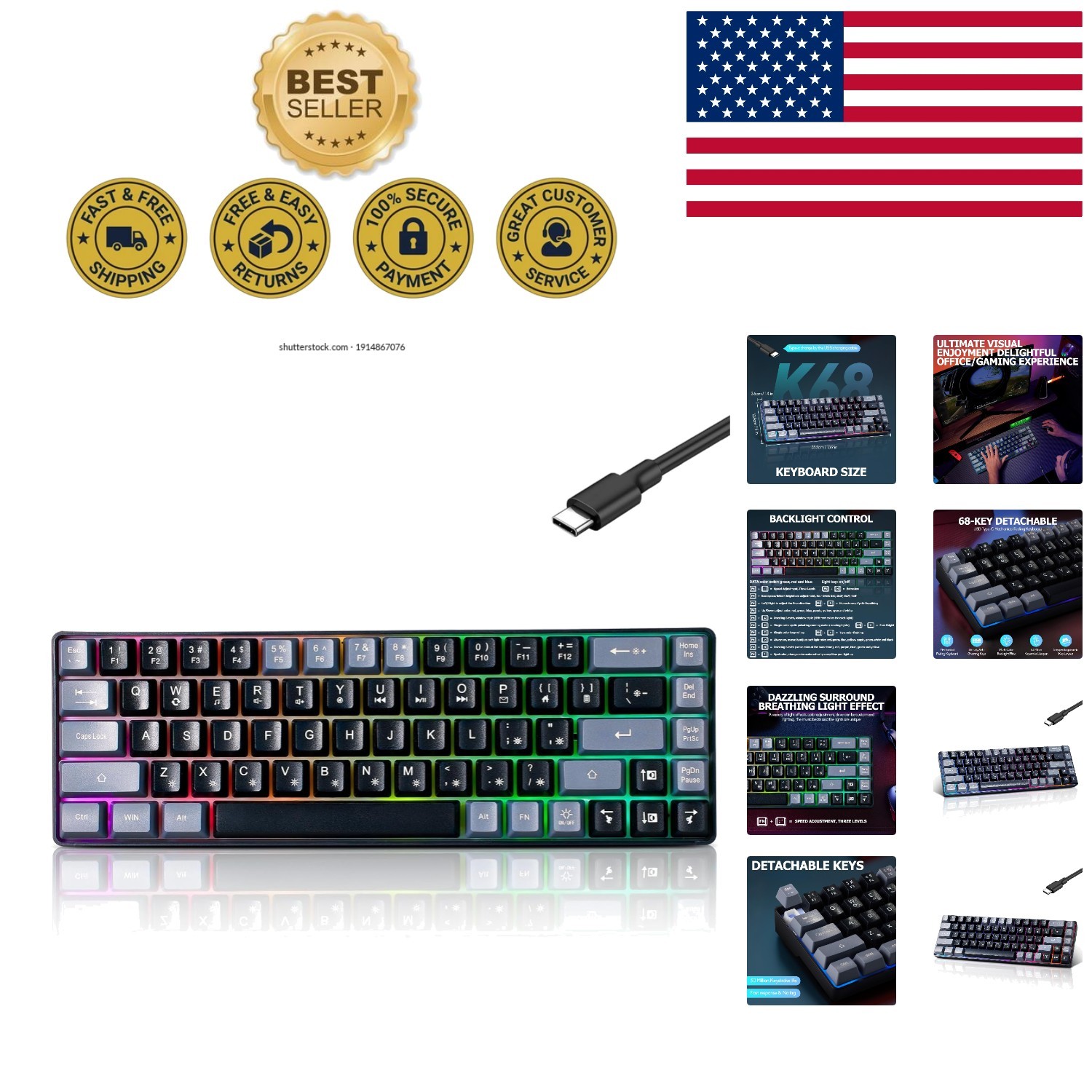 Stylish Black-Grey Wired 68-Key Gaming Keyboard - RGB Backlit, Compact Design