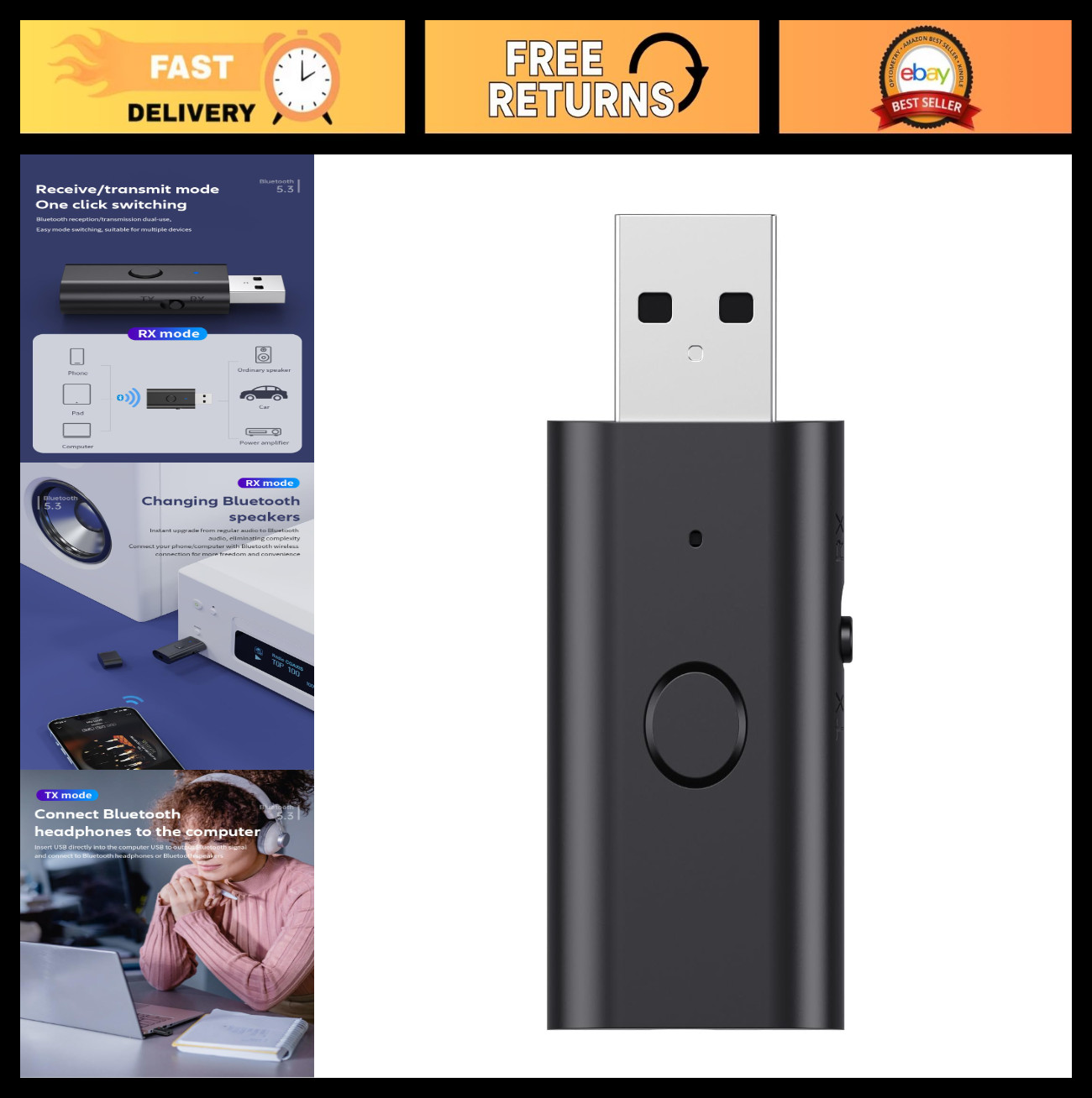 2-in-1 Bluetooth Transceiver Receiver, USB Wireless Audio Adapter, Low Latency f