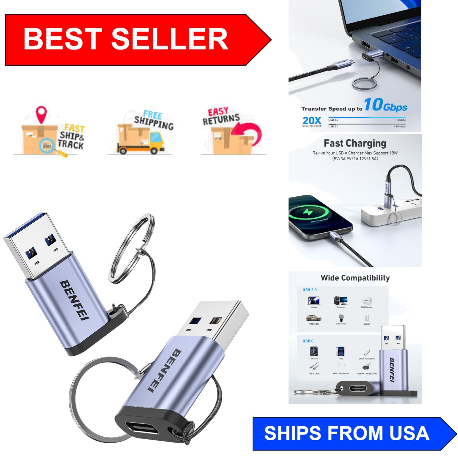 High-Speed USB Type-A to USB-C Adapter 2-Pack: Charge & Transfer Efficiently