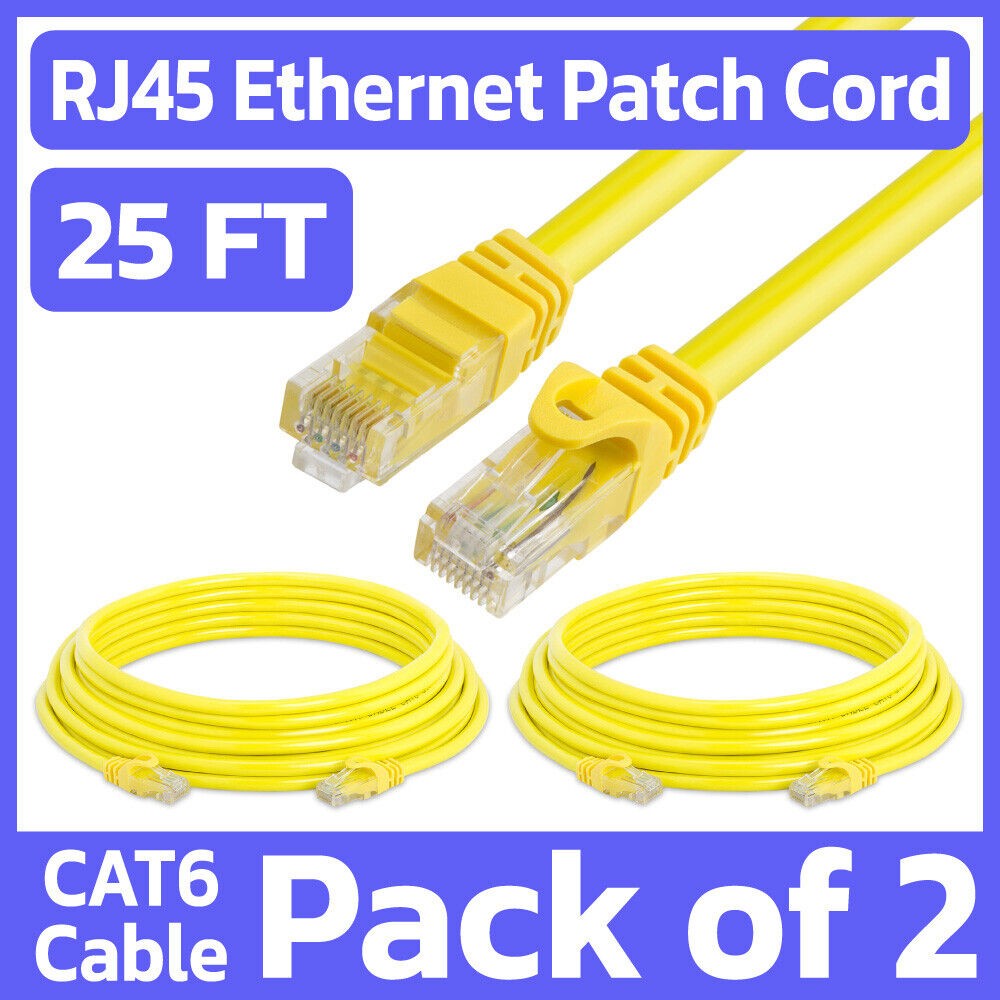 2 Pack Yellow Cat6 Ethernet Patch Cord 25ft LAN Internet Wire RJ45 Network Cable