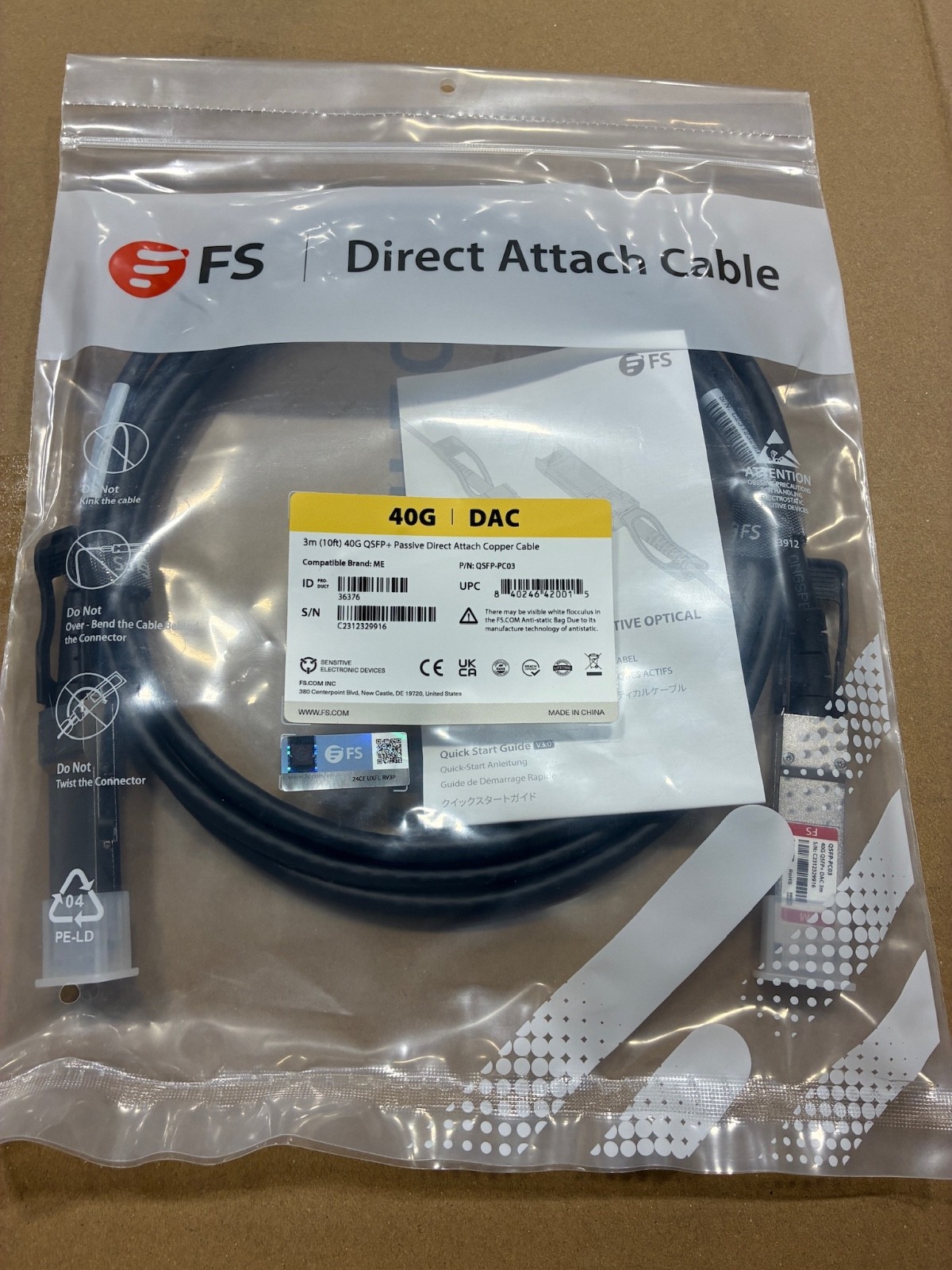 LOT of  10 QSFP-PC03 FS 40Gbps QSFP+ 3M Passive Direct Attach Copper Cable