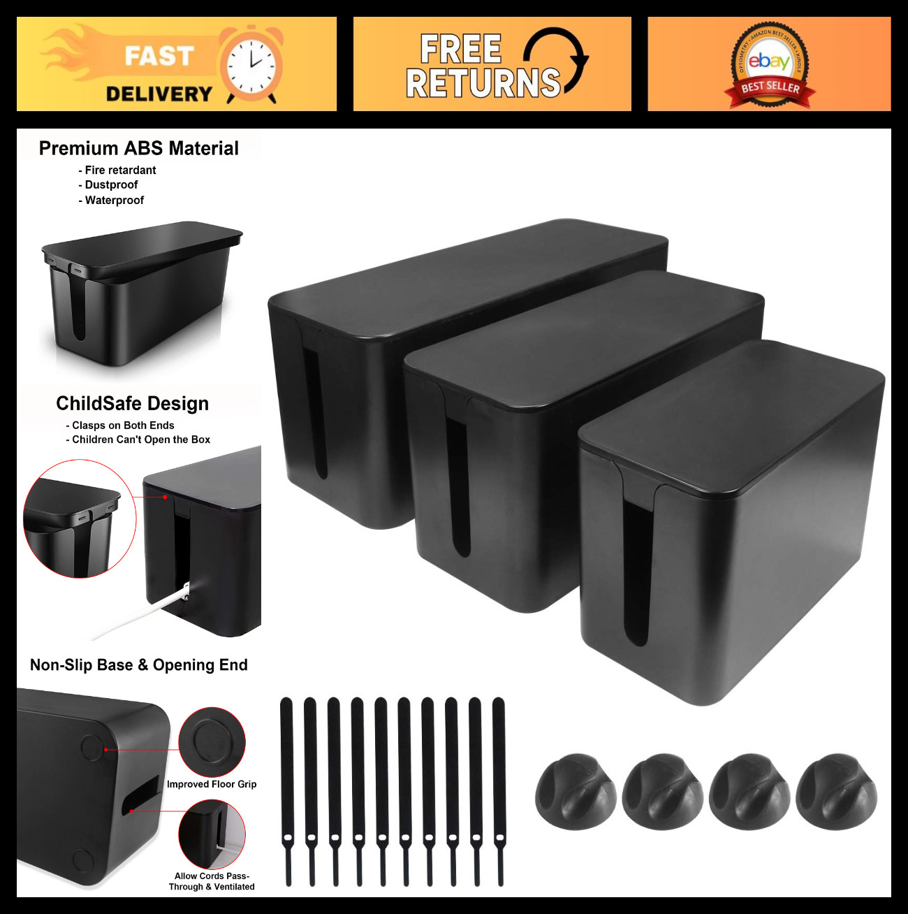 Cable Management Box Set - 3 Pack Cord Hider & Power Strip Cover for Desk, TV, C