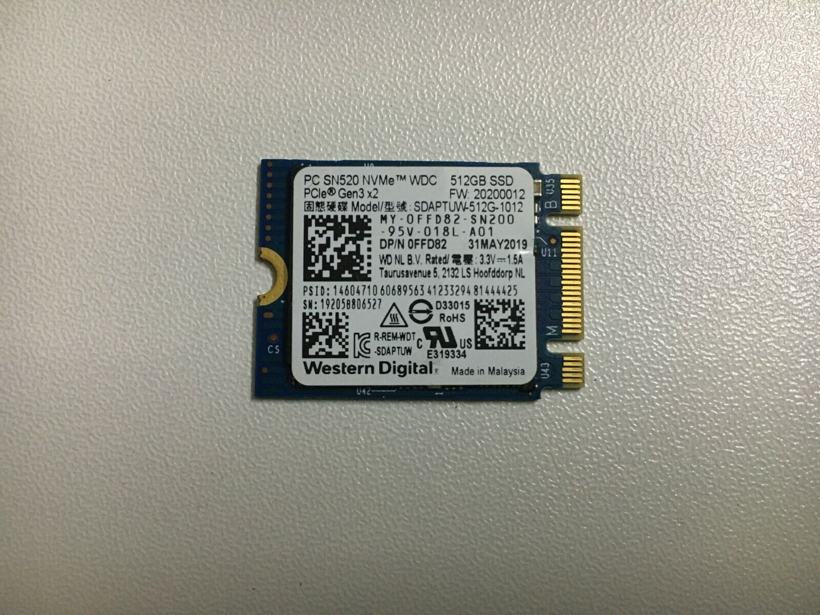 Western Digital PC SN520 NVMe  PCle Gen3x2 SSD SDAPTUW-512G-1012 512GB M.2 2230