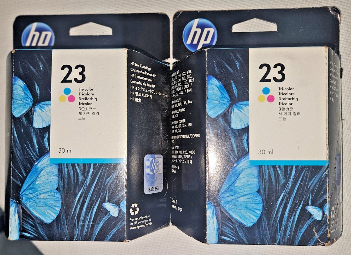 Two (2) Genuine HP 23 Tri-Color Ink Cartridges Expired; NEW