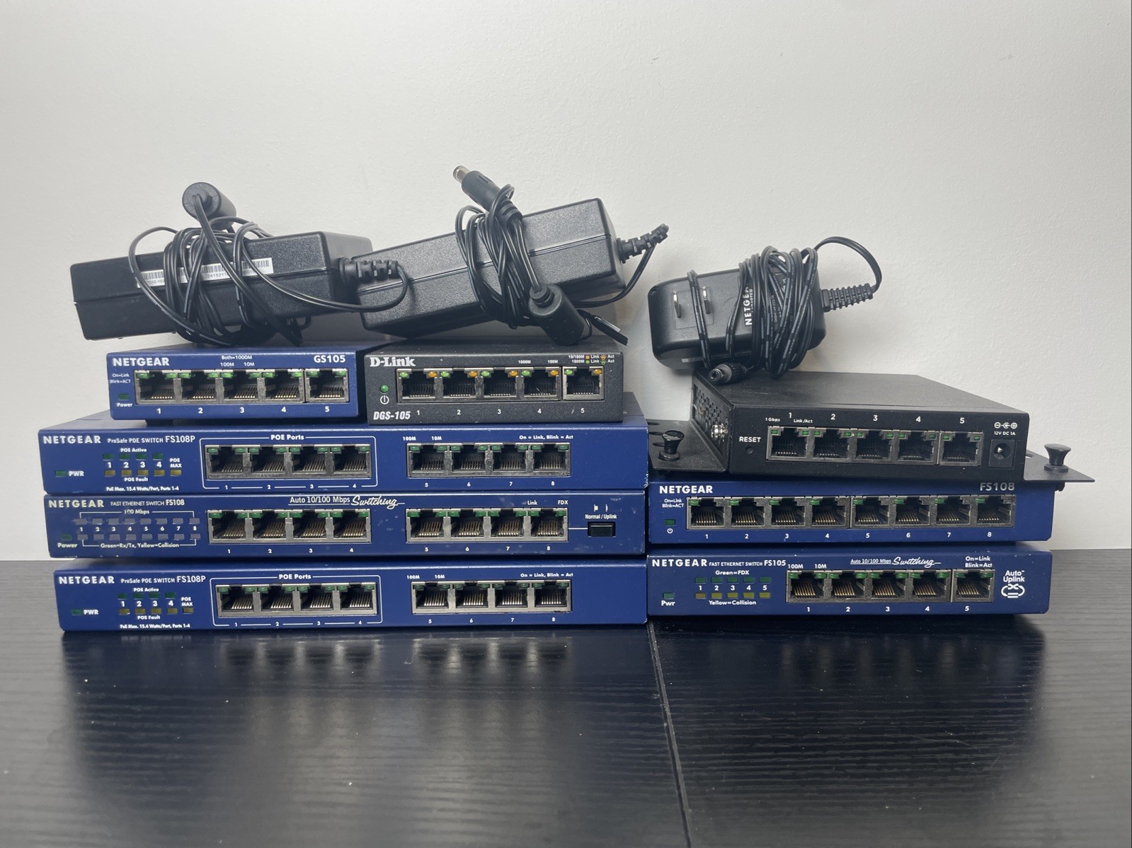 Lot of 8 Netgear Unmanaged External Switches POE Non-POE Tested Working 3 PSUs
