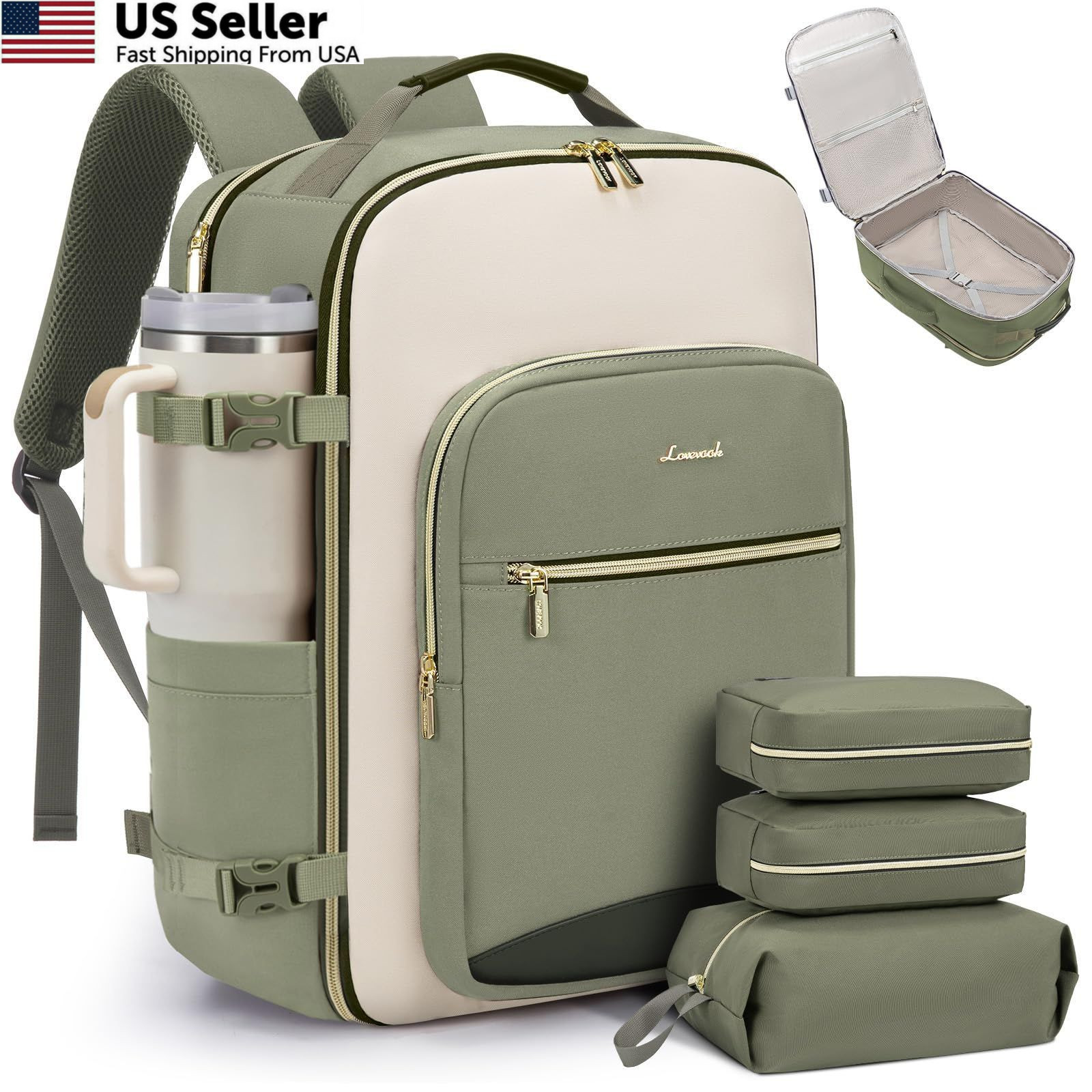 LOVEVOOK 40L Travel Backpack for 40L-4Pcs, Light Green-beige-olive Green
