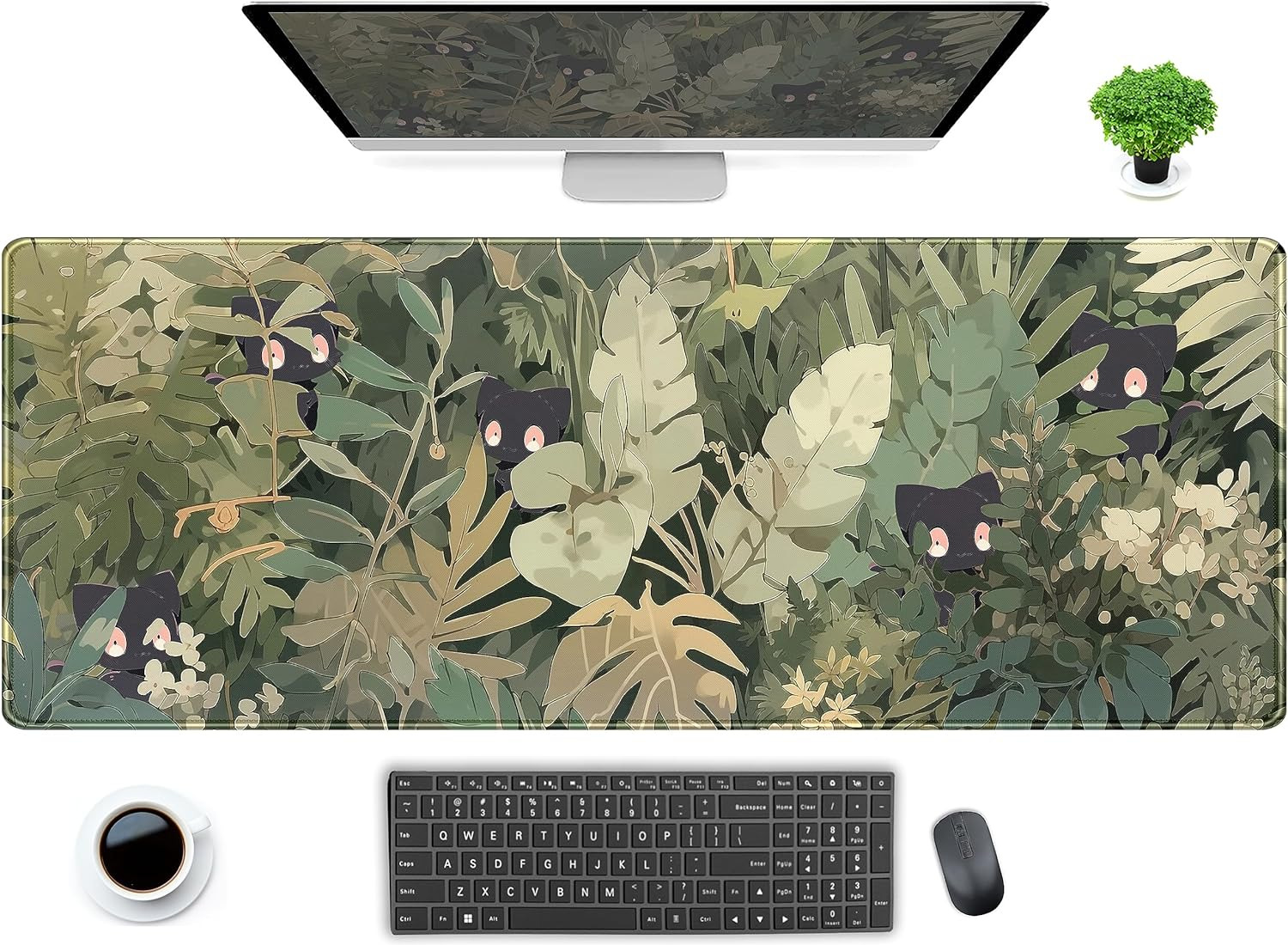 Green Forest Cute Cats Desk Mat XL 31.5x11.8\