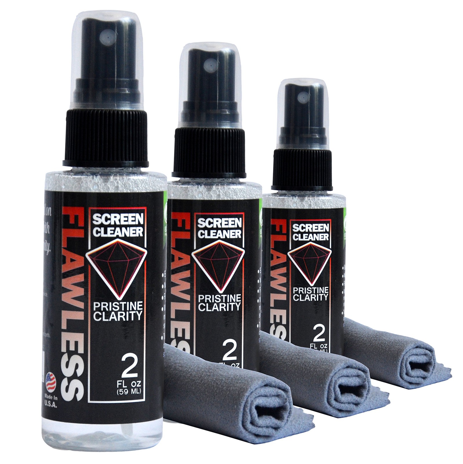 Flawless Screen Cleaner Spray with Mini 3 Pack, black, red, white, blue