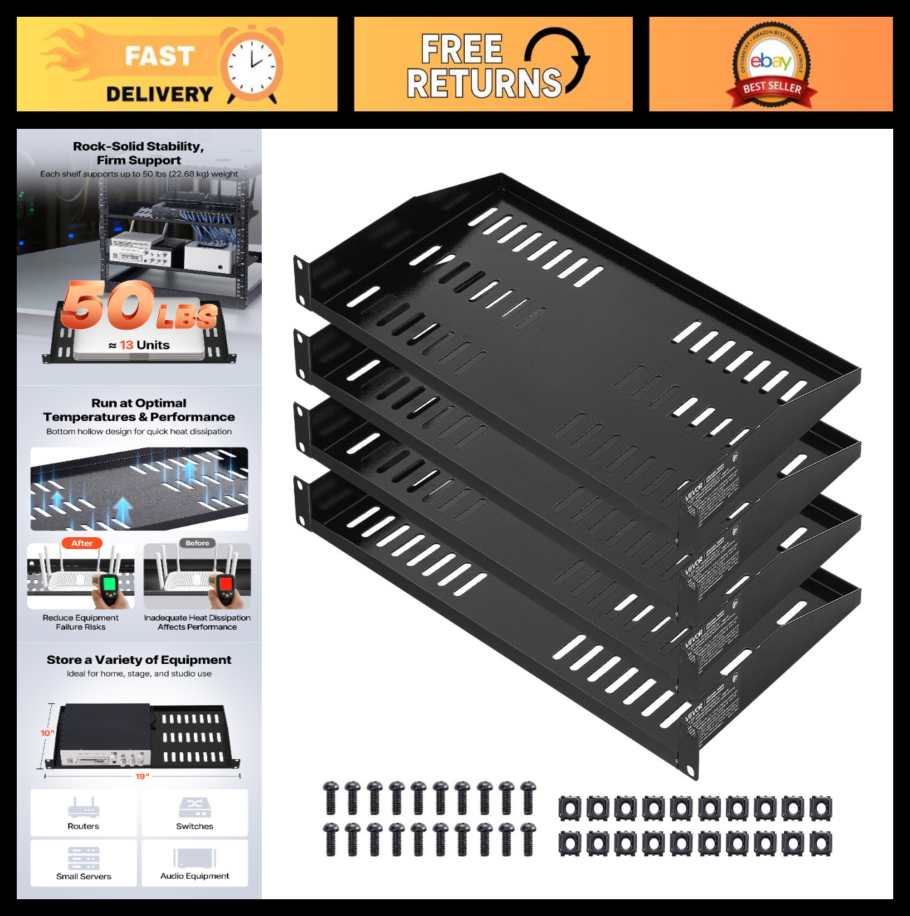 4PCS 1U Universal Vented Server Rack Shelf | 19" Cantilever Tray, 10" Deep, 50 l
