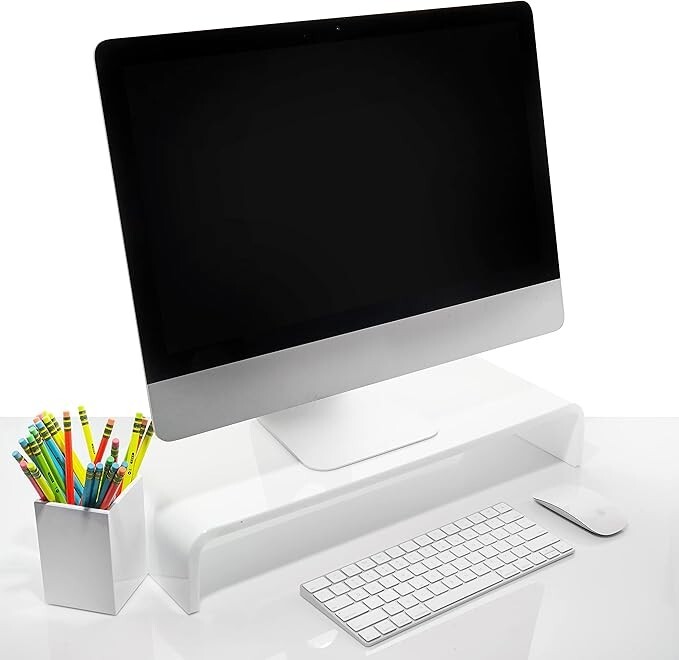 Sleek Acrylic Monitor Stand with Matching Pen Holder, Sturdy  White