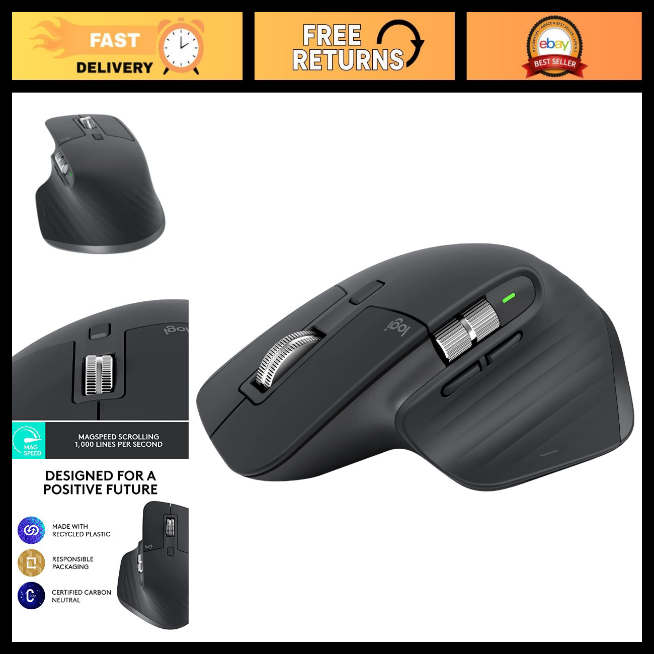 Wireless Performance Mouse - Ergonomic Design, Bluetooth & USB Receiver, Graphit