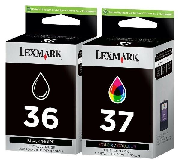 2 NEW Genuine Lexmark 36 and Black 37 Color Inkjet Cartridges - SEALED BAG