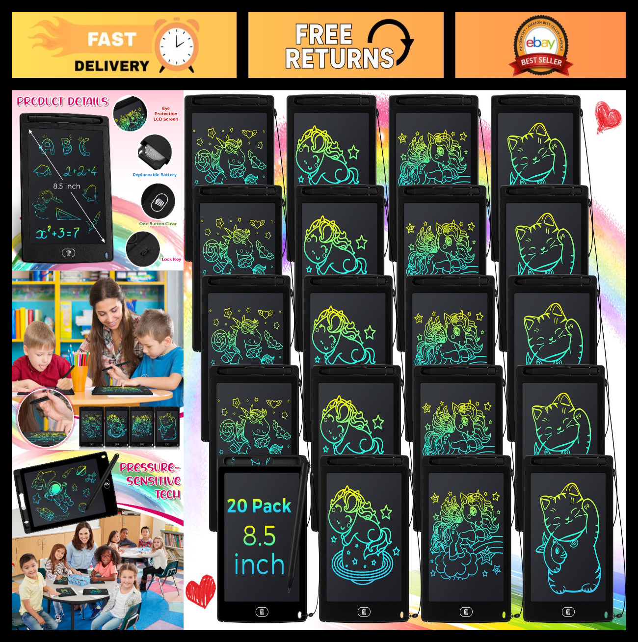 20 Pack 8.5" LCD Writing Tablets - Reusable Doodle Pads for Kids, Educational To