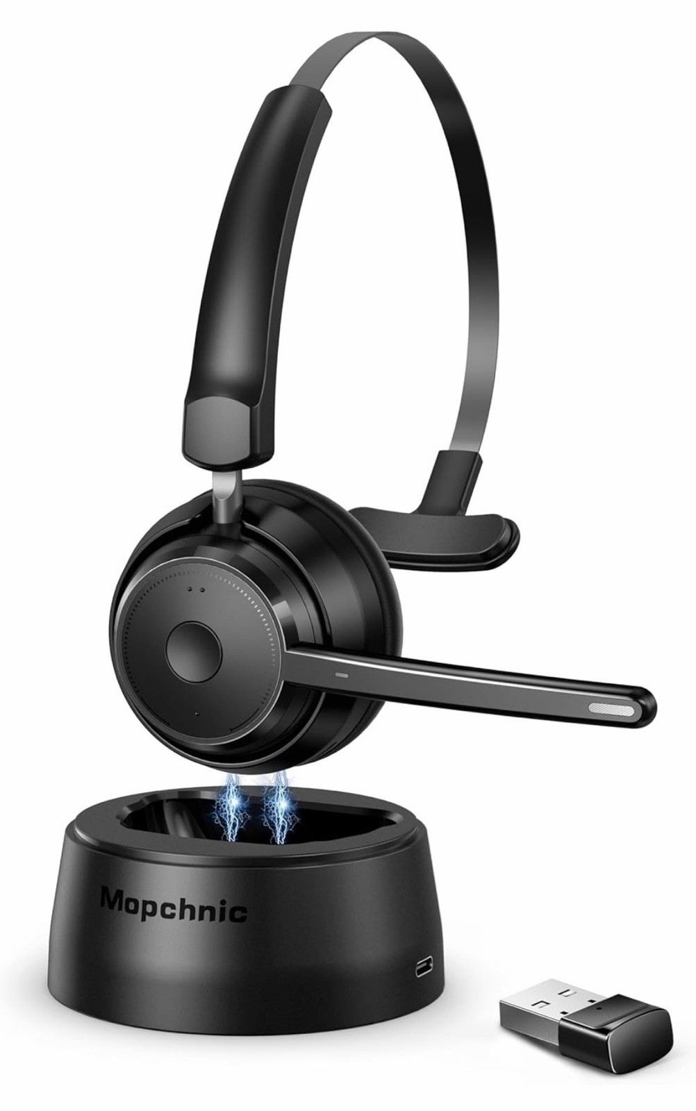 Mopchnic Bluetooth Single-Ear Headset w/ Boom Mic, USB Dongle, Base, Mute