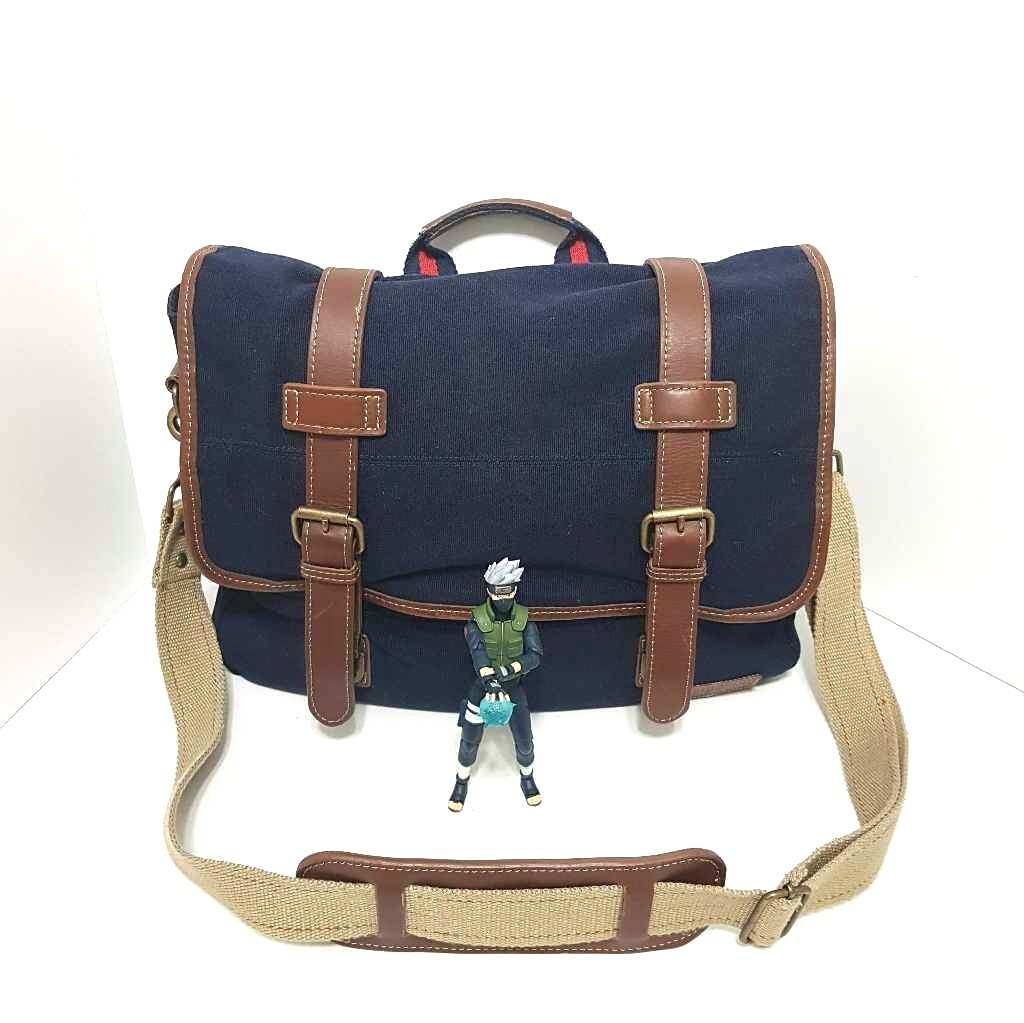 Tommy Hilfiger Classic Navy Canvas Flap Over Laptop Messenger Bag Leather Straps