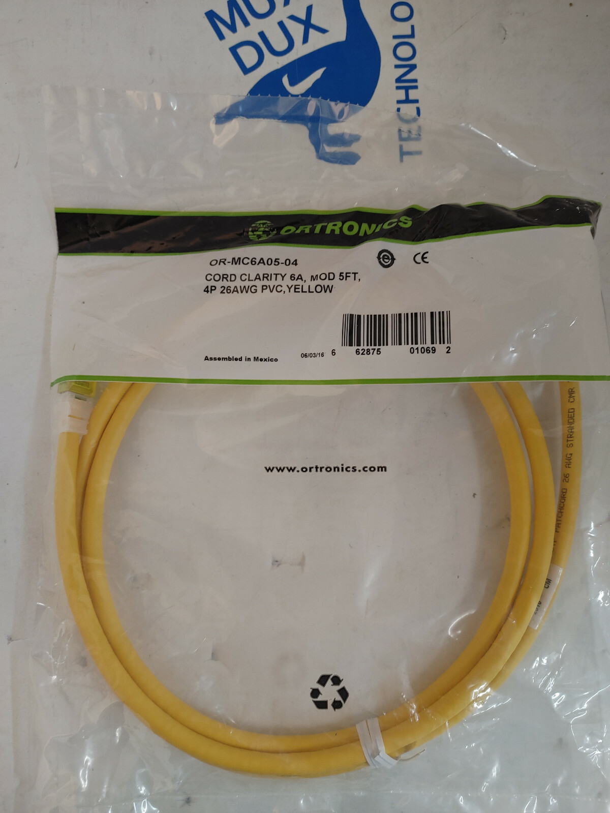 Lot of (2) Ortronics OR-MC6A05-04 CAT6a Cables, MOD 5',4P 26 AWG PVC, YELLOW NEW