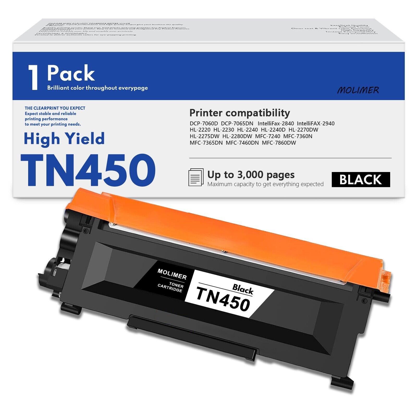 TN450 Black High Yield Toner Cartridge Replacement for Brother TN450 Black 1PK