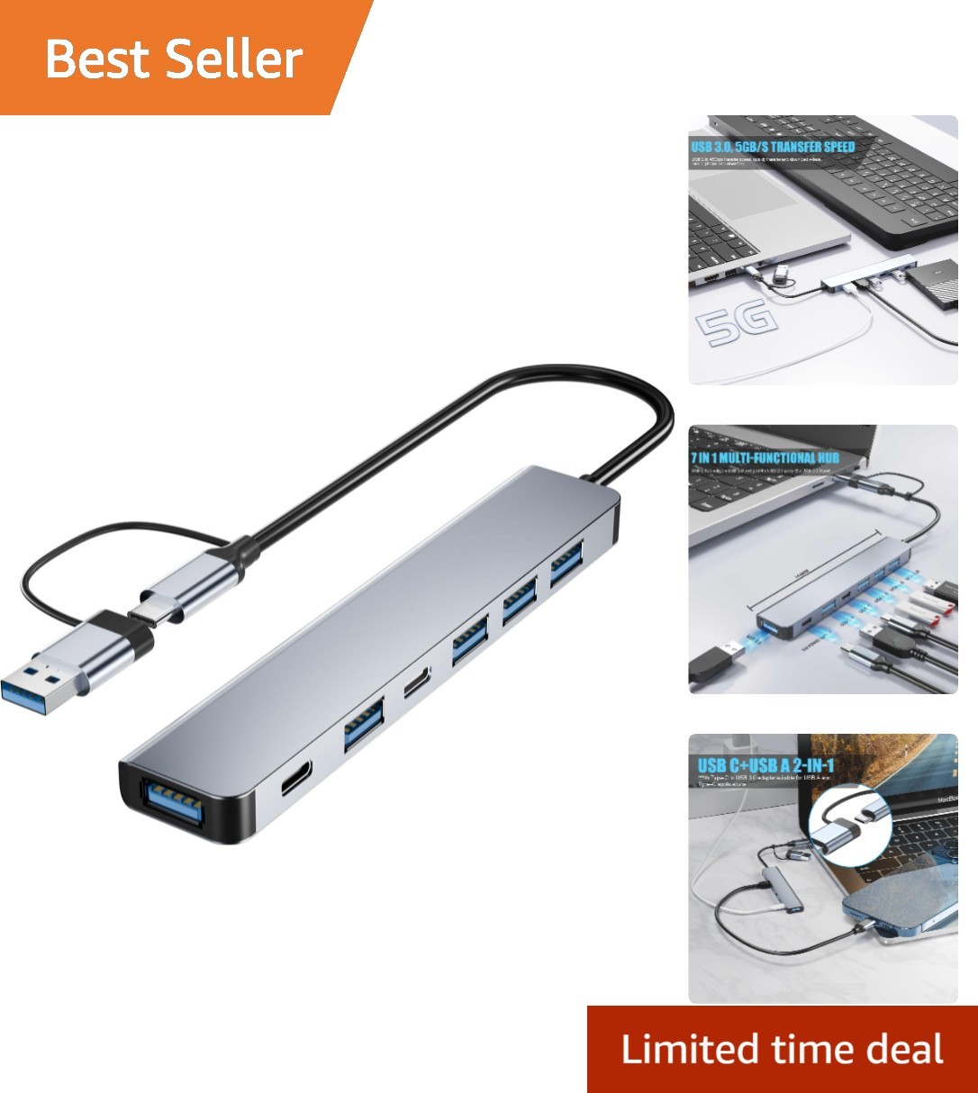 Sleek USB C Hub - 7 Ports, Fast Charging & 5Gbps Transfer Rate for All Devices