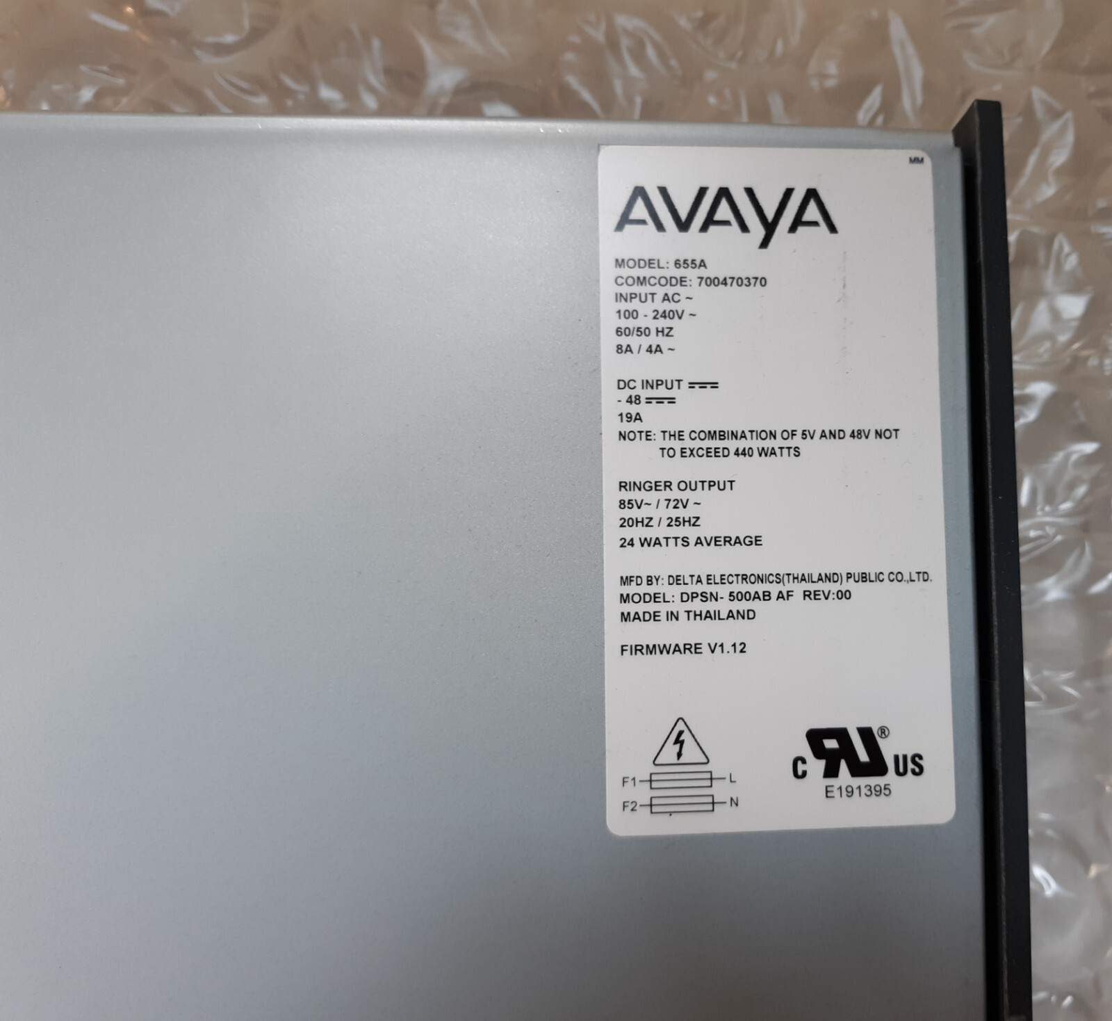 Avaya 655APower Unit DPSN-500AB A 700470370 100-240V 60/50Hz 8A/4A