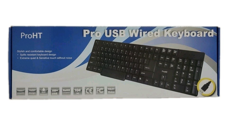 ProHT Pro USB Wired Keyboard Quiet Key Compact Design 5.25x17" QUERTY Calculator