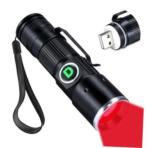 Redlight Flashlight Rechargeable USB, LED Mini Red Light Flashlights Focus